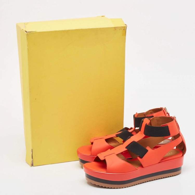 Pre Owned Fendi Red/Black Leather and Elastic Platform Sandals Size 37.5