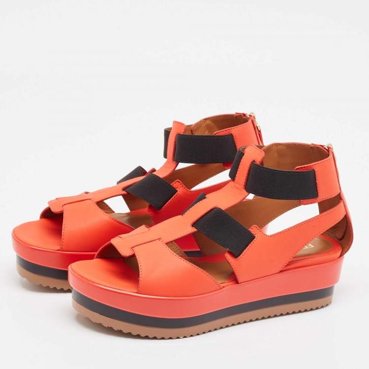 Pre Owned Fendi Red/Black Leather and Elastic Platform Sandals Size 37.5