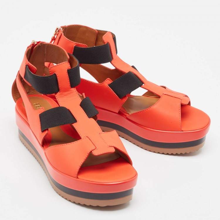 Pre Owned Fendi Red/Black Leather and Elastic Platform Sandals Size 37.5