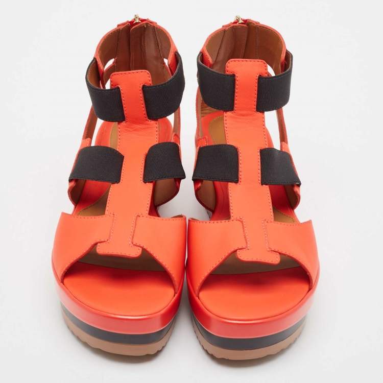 Pre Owned Fendi Red/Black Leather and Elastic Platform Sandals Size 37.5