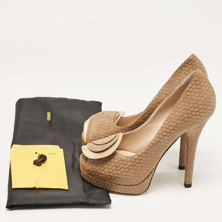 Pre Owned Fendi Brown/Gold Printed Suede and Leather Peep Toe Platform Pumps Size 37