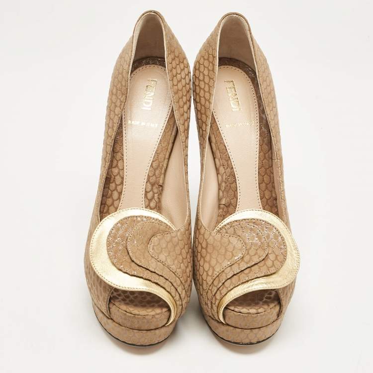 Pre Owned Fendi Brown/Gold Printed Suede and Leather Peep Toe Platform Pumps Size 37