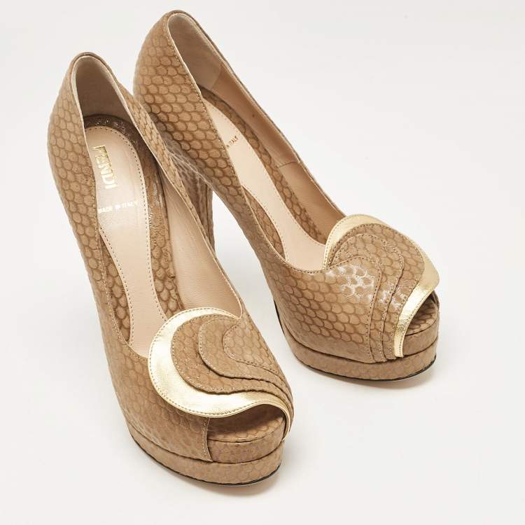 Pre Owned Fendi Brown/Gold Printed Suede and Leather Peep Toe Platform Pumps Size 37