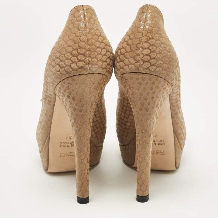 Pre Owned Fendi Brown/Gold Printed Suede and Leather Peep Toe Platform Pumps Size 37