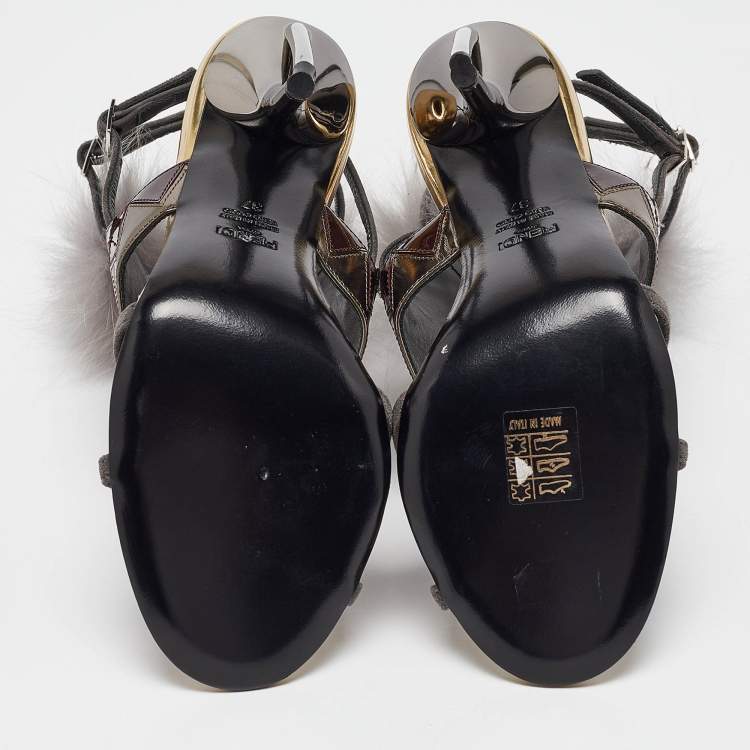 مملوكة مسبقًا Fendi Grey Leather and Fur Monster Eyes Ankle Strap Sandals Size 37