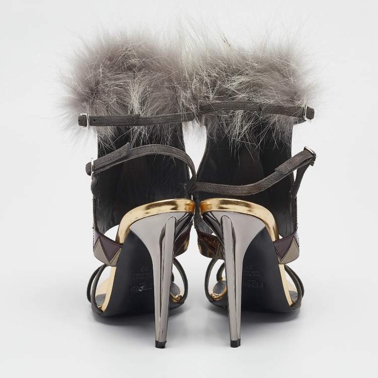مملوكة مسبقًا Fendi Grey Leather and Fur Monster Eyes Ankle Strap Sandals Size 37