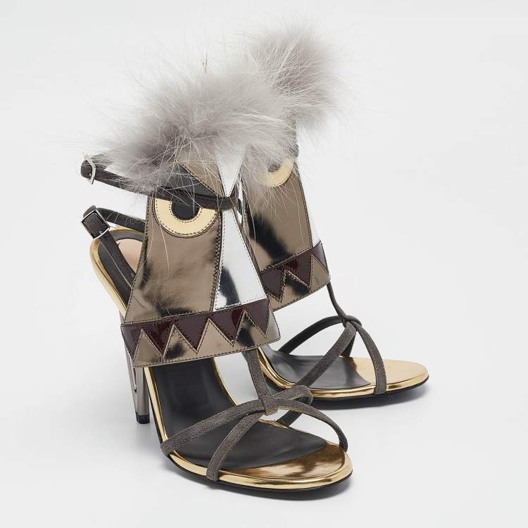 مملوكة مسبقًا Fendi Grey Leather and Fur Monster Eyes Ankle Strap Sandals Size 37