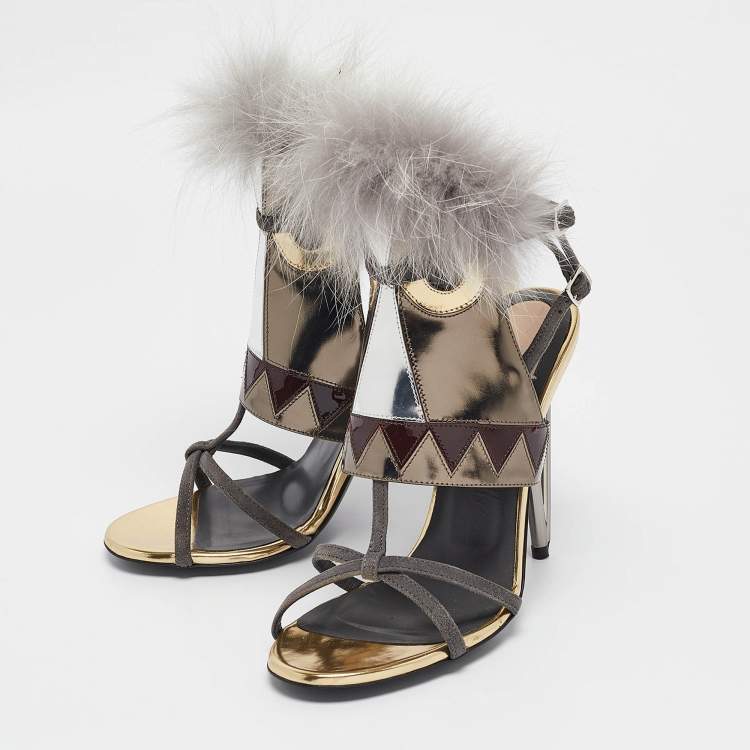 مملوكة مسبقًا Fendi Grey Leather and Fur Monster Eyes Ankle Strap Sandals Size 37