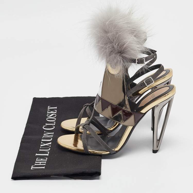 مملوكة مسبقًا Fendi Grey Leather and Fur Monster Eyes Ankle Strap Sandals Size 37