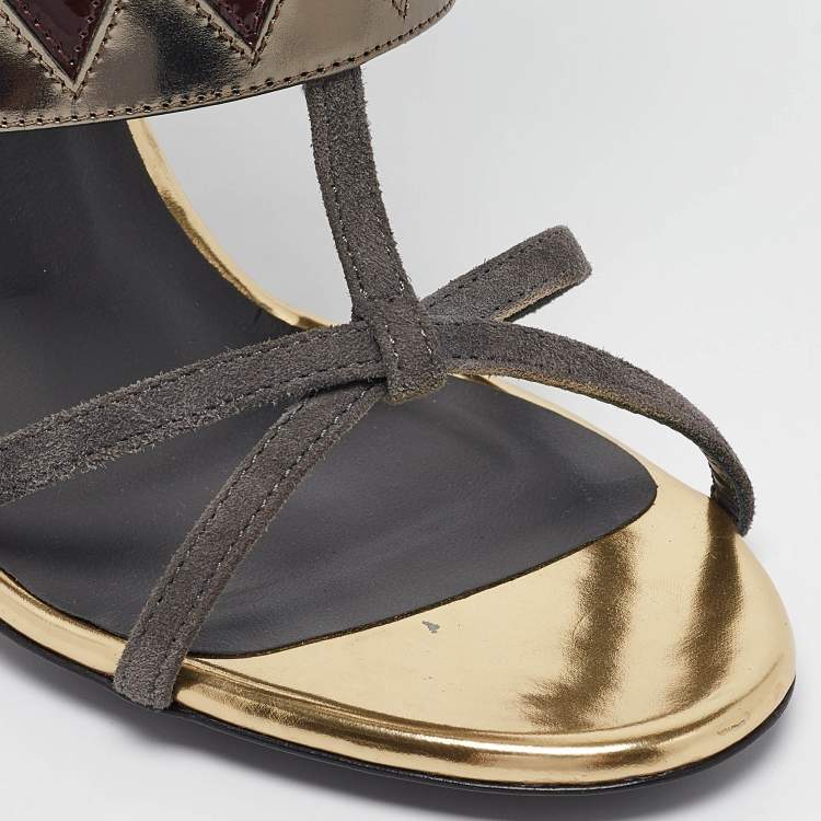 مملوكة مسبقًا Fendi Grey Leather and Fur Monster Eyes Ankle Strap Sandals Size 37