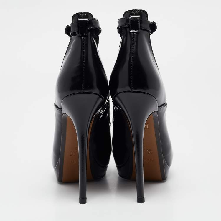 Pre Owned Fendi Black Leather and Glitter Peep Toe Platform Booties Size 38
