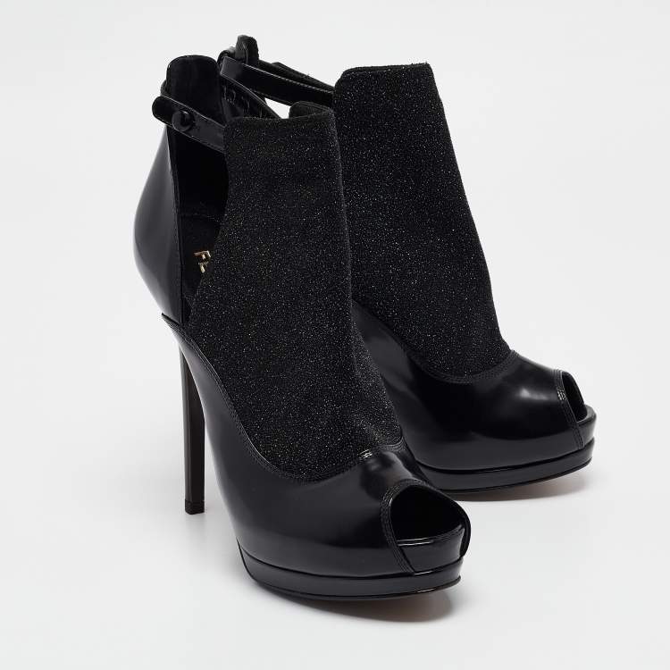 Pre Owned Fendi Black Leather and Glitter Peep Toe Platform Booties Size 38