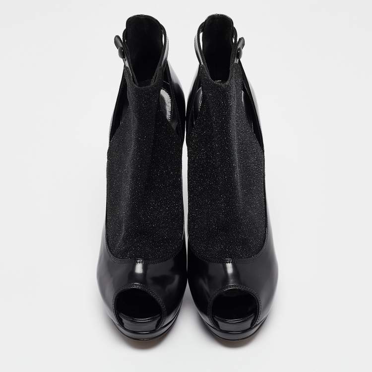 Pre Owned Fendi Black Leather and Glitter Peep Toe Platform Booties Size 38