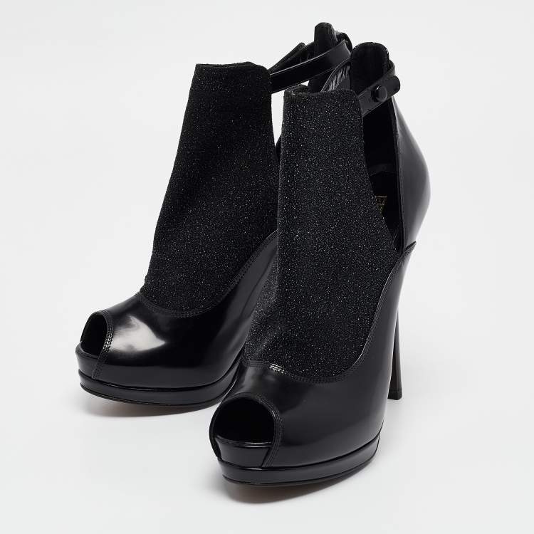 Pre Owned Fendi Black Leather and Glitter Peep Toe Platform Booties Size 38