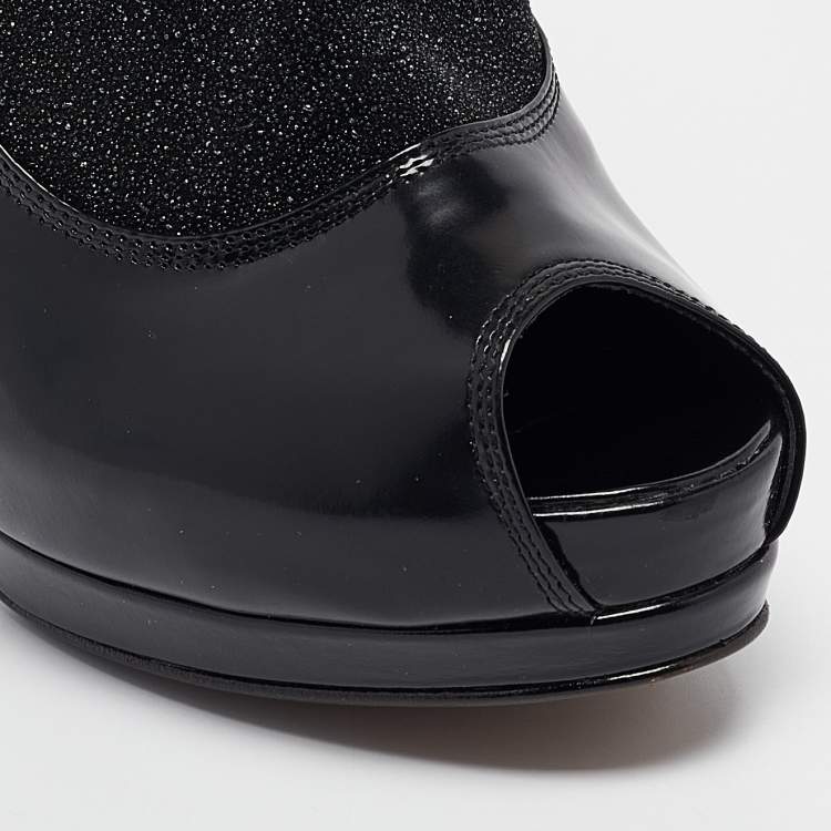 Pre Owned Fendi Black Leather and Glitter Peep Toe Platform Booties Size 38