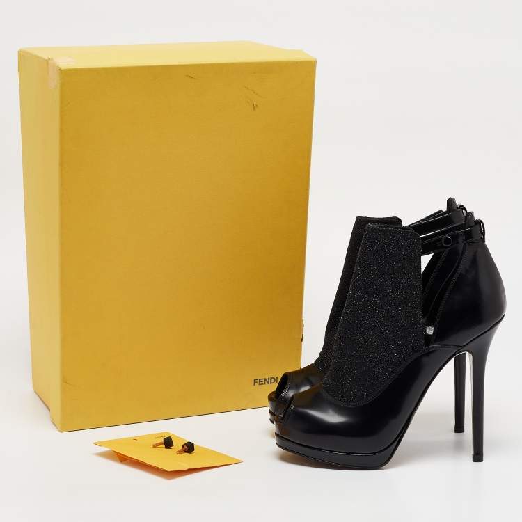 Pre Owned Fendi Black Leather and Glitter Peep Toe Platform Booties Size 38
