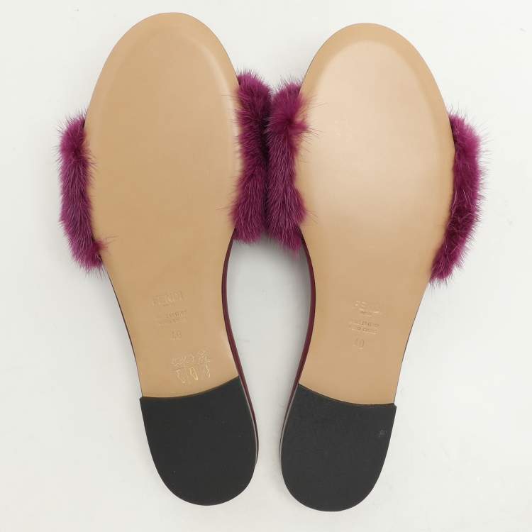 مملوكة مسبقًا Fendi Purple Mink Fur Baguette Flat Slides Size 40