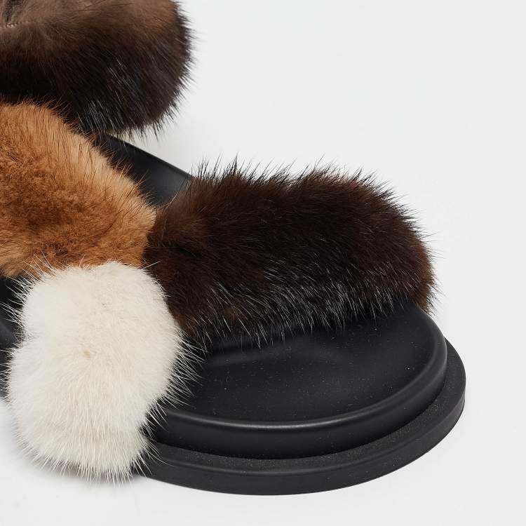 Pre Owned Fendi Multicolor Mink Fur FF Feel Flat Sandals Size 37