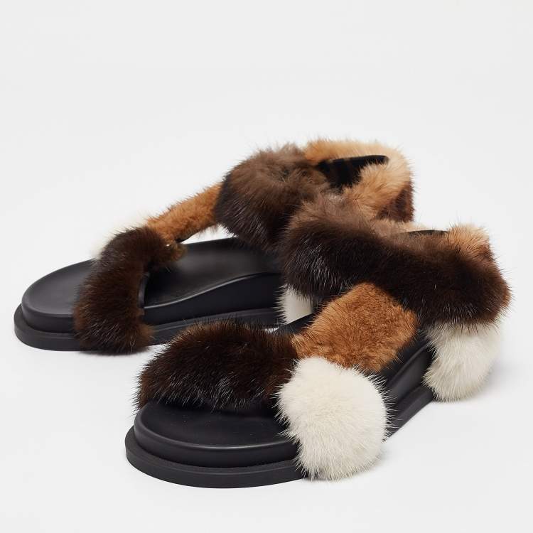 Pre Owned Fendi Multicolor Mink Fur FF Feel Flat Sandals Size 37