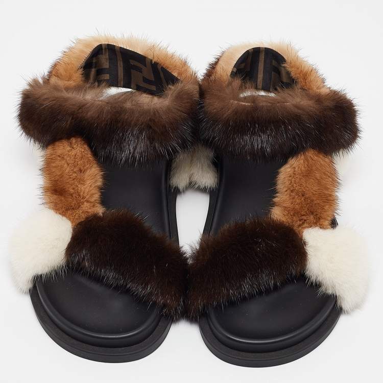 Pre Owned Fendi Multicolor Mink Fur FF Feel Flat Sandals Size 37