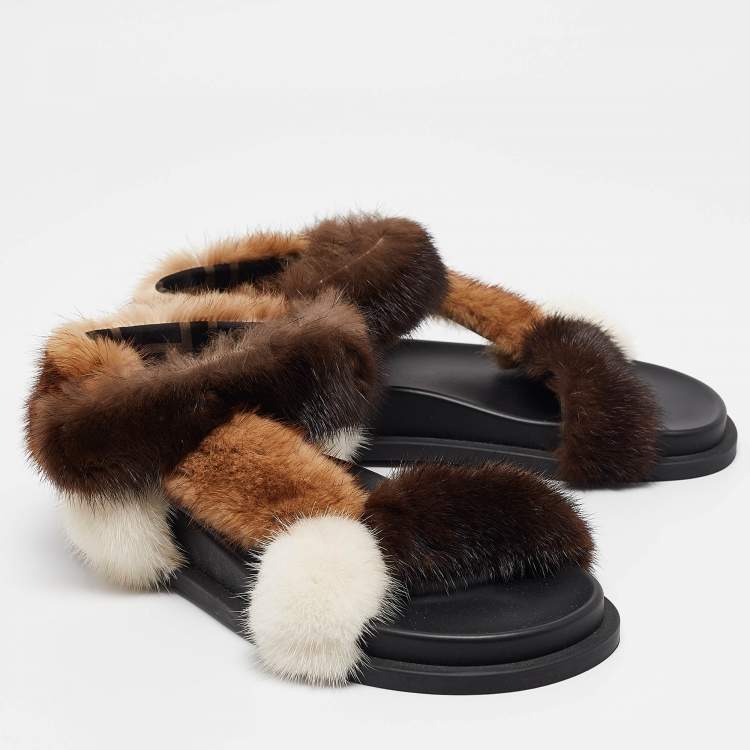 Pre Owned Fendi Multicolor Mink Fur FF Feel Flat Sandals Size 37