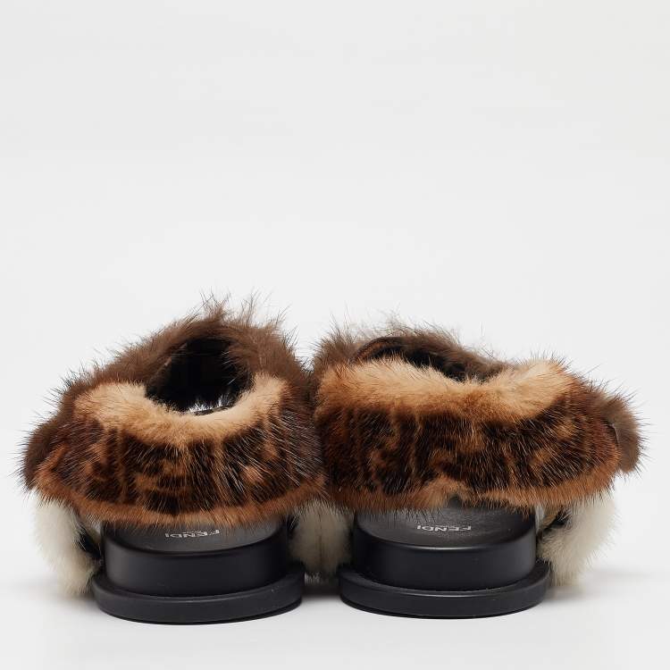 Pre Owned Fendi Multicolor Mink Fur FF Feel Flat Sandals Size 37