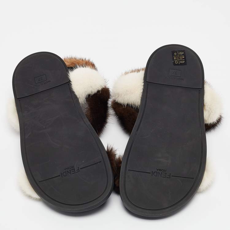 Pre Owned Fendi Multicolor Mink Fur FF Feel Flat Sandals Size 37