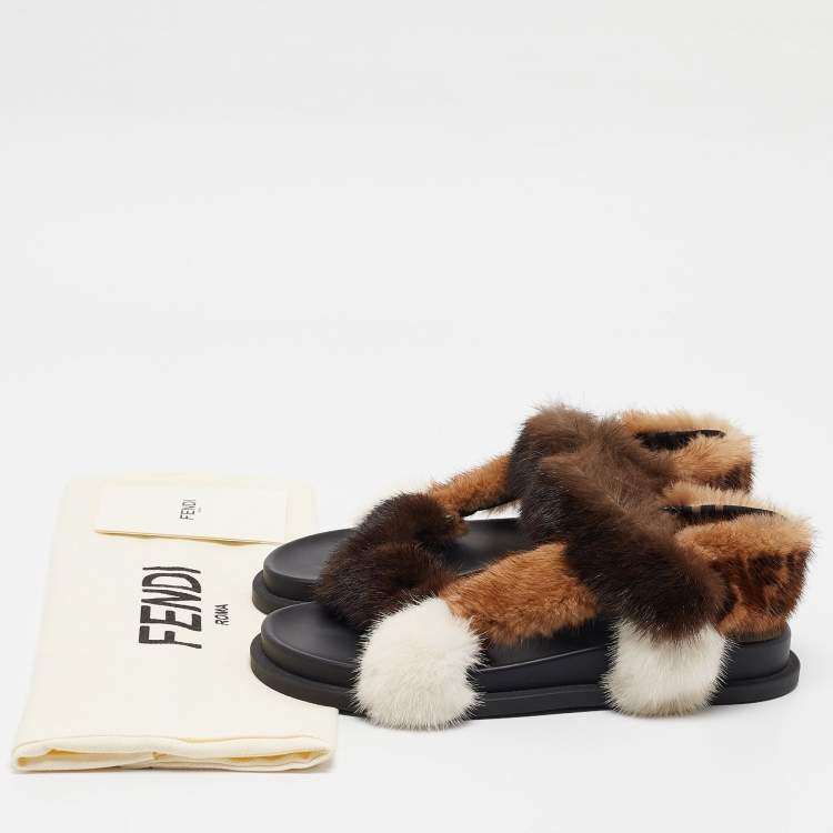 Pre Owned Fendi Multicolor Mink Fur FF Feel Flat Sandals Size 37