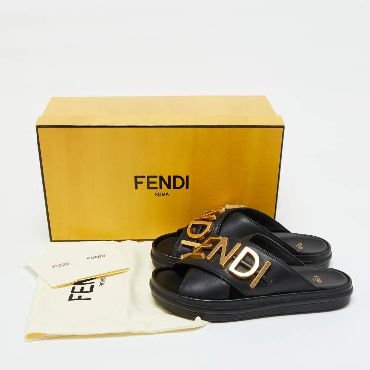 Pre Owned Fendi Black Leather Fendigraphy Flat Slide Sandals Size 37