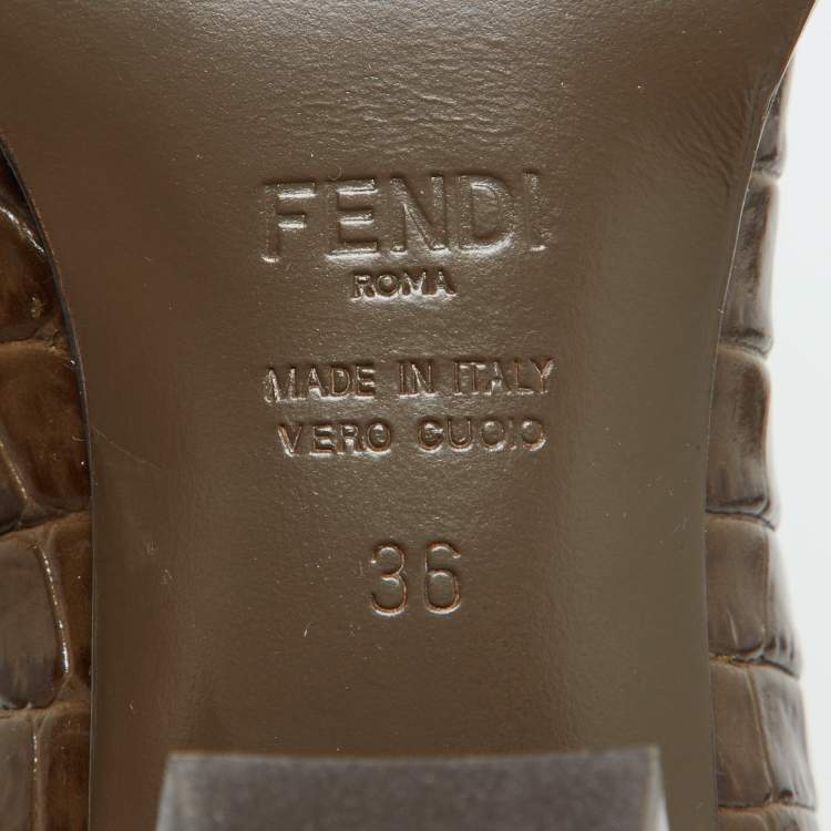 Pre Owned Fendi Brown Croc Embossed Leather Karligraphy Ankle Boots Size 36