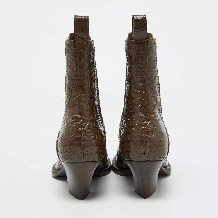 Pre Owned Fendi Brown Croc Embossed Leather Karligraphy Ankle Boots Size 36
