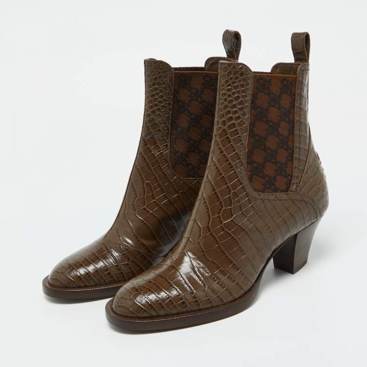 Pre Owned Fendi Brown Croc Embossed Leather Karligraphy Ankle Boots Size 36