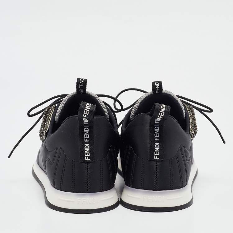 Pre Owned Fendi Black Satin Stretch Crystal Embellished FFreedom Lace Up Sneakers Size 39