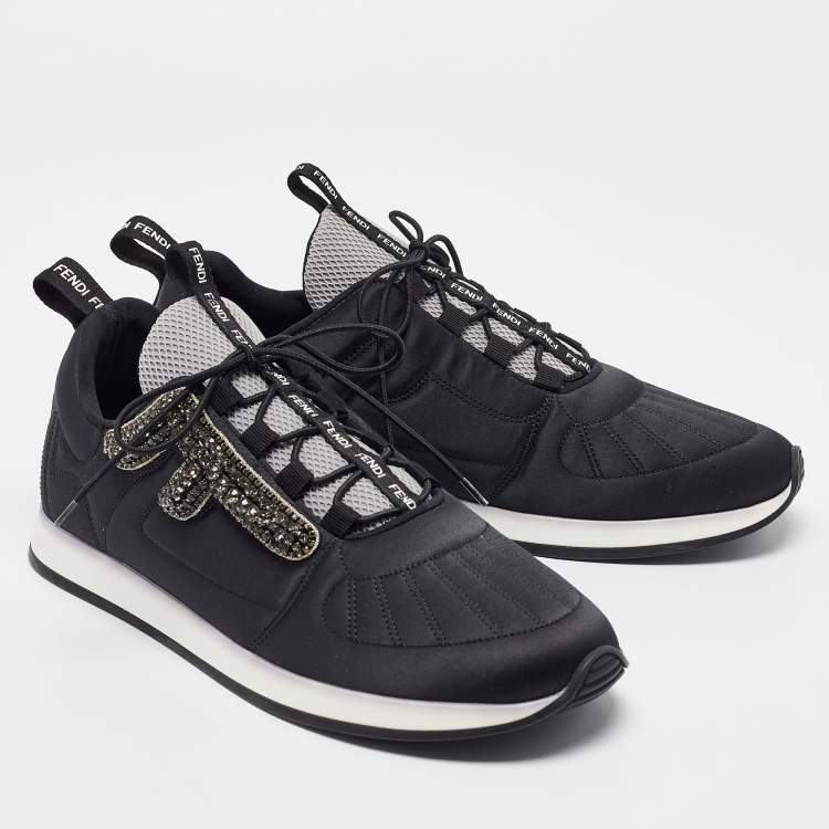 Pre Owned Fendi Black Satin Stretch Crystal Embellished FFreedom Lace Up Sneakers Size 39