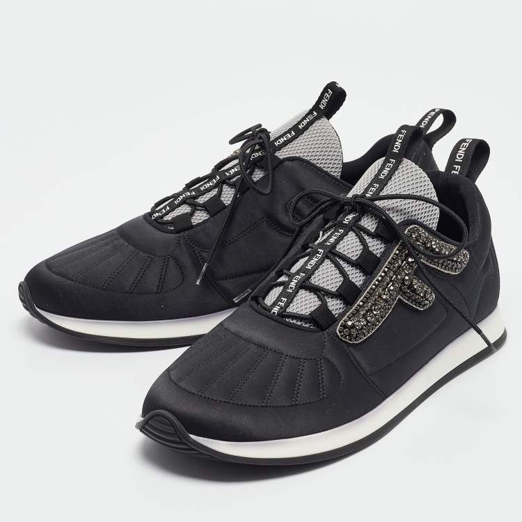 Pre Owned Fendi Black Satin Stretch Crystal Embellished FFreedom Lace Up Sneakers Size 39