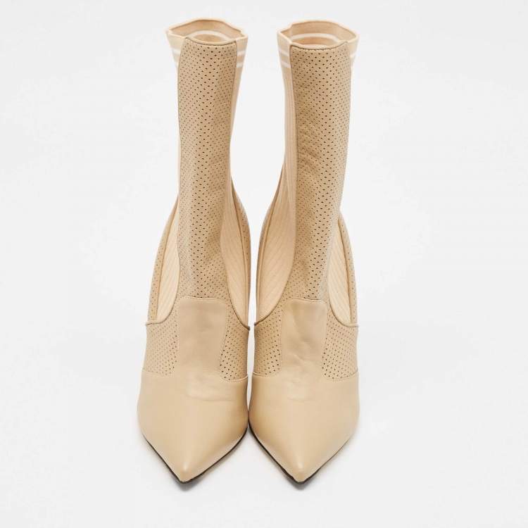 Pre Owned Fendi Beige Leather and Fabric Rockoko Ankle Length Boots Size 39