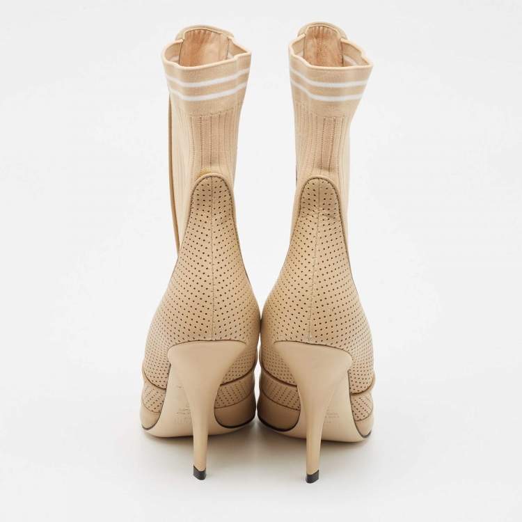 Pre Owned Fendi Beige Leather and Fabric Rockoko Ankle Length Boots Size 39