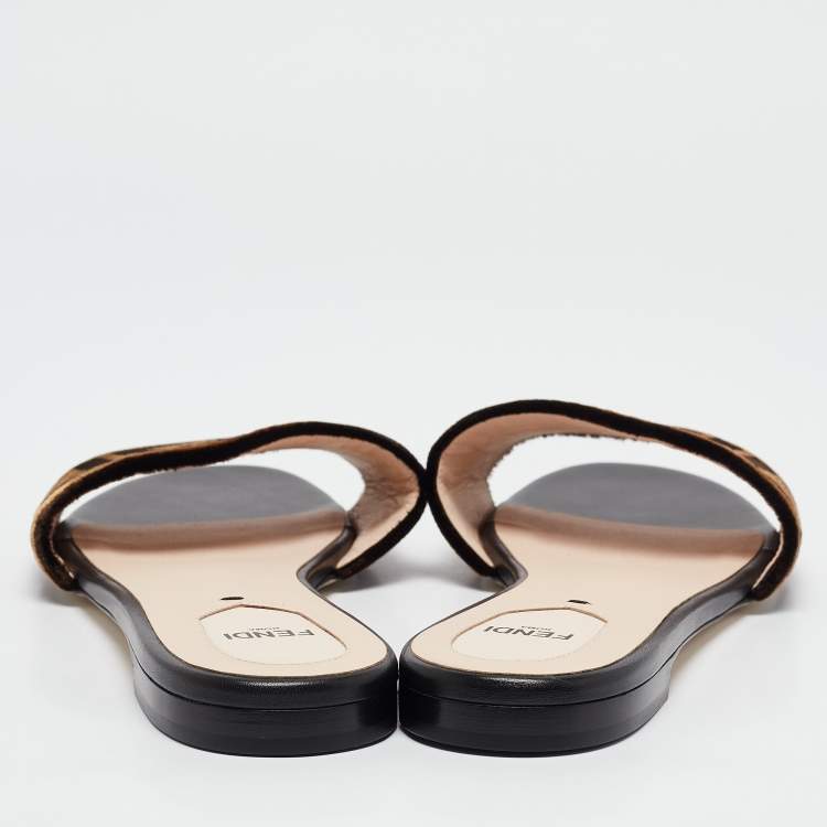 Pre Owned Fendi Brown Zucca Velvet Flat Slides Size 40.5 