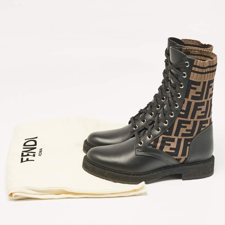 Pre Owned Fendi Black/Brown Canvas and Leather Rockoko Combat Boots Size 36.5