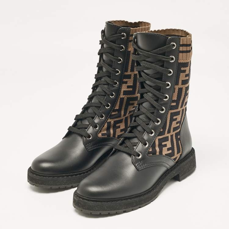 Pre Owned Fendi Black/Brown Canvas and Leather Rockoko Combat Boots Size 36.5