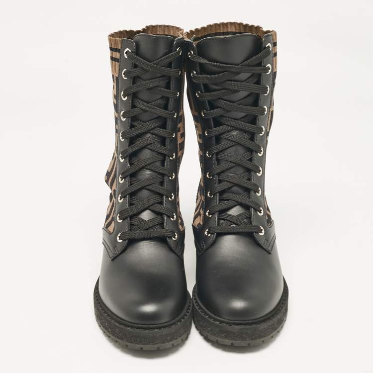 Pre Owned Fendi Black/Brown Canvas and Leather Rockoko Combat Boots Size 36.5