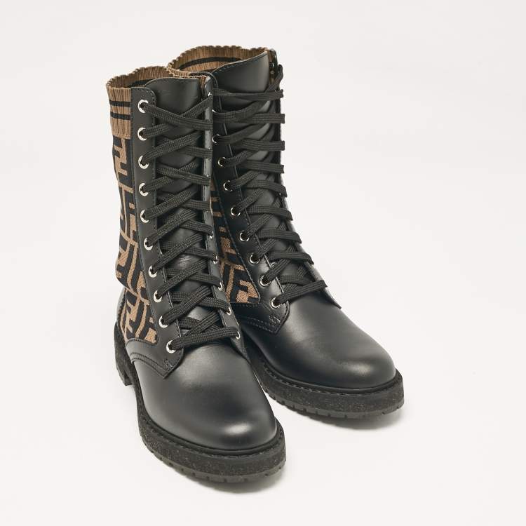 Pre Owned Fendi Black/Brown Canvas and Leather Rockoko Combat Boots Size 36.5