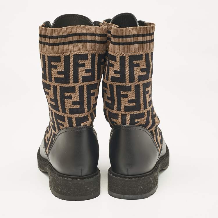 Pre Owned Fendi Black/Brown Canvas and Leather Rockoko Combat Boots Size 36.5