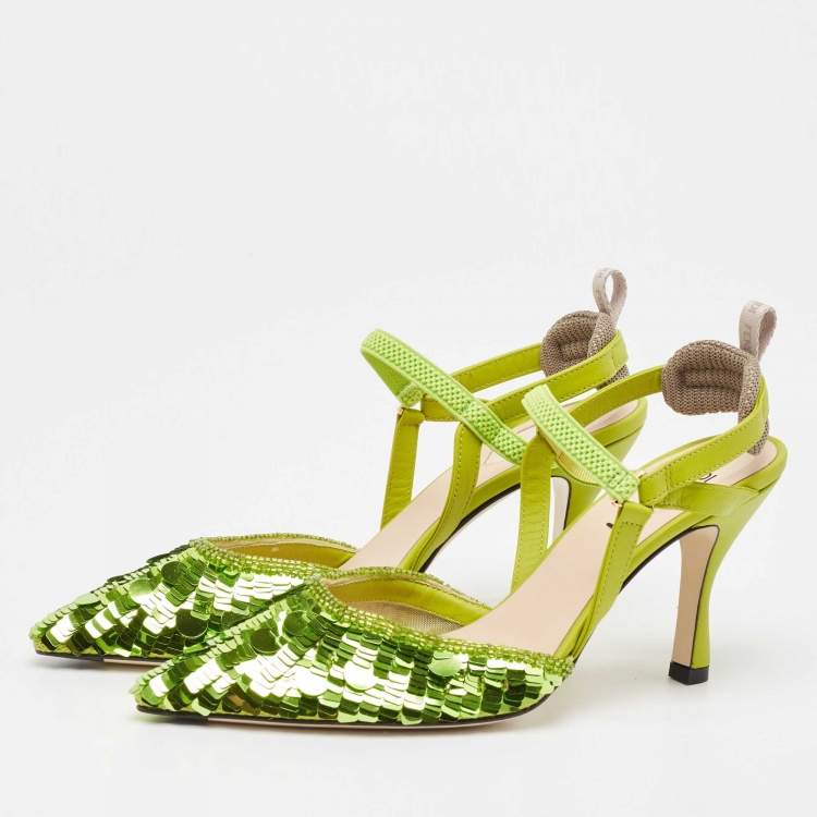 Pre Owned Fendi Green Sequins Embellished Fabric Colibri Lite Pumps Size 37