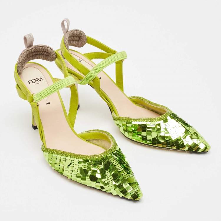 Pre Owned Fendi Green Sequins Embellished Fabric Colibri Lite Pumps Size 37