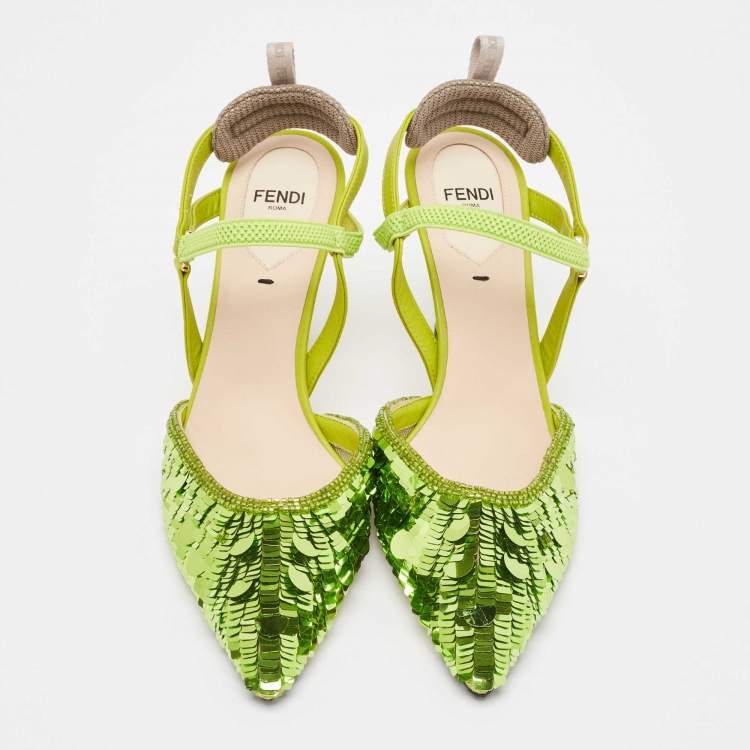 Pre Owned Fendi Green Sequins Embellished Fabric Colibri Lite Pumps Size 37