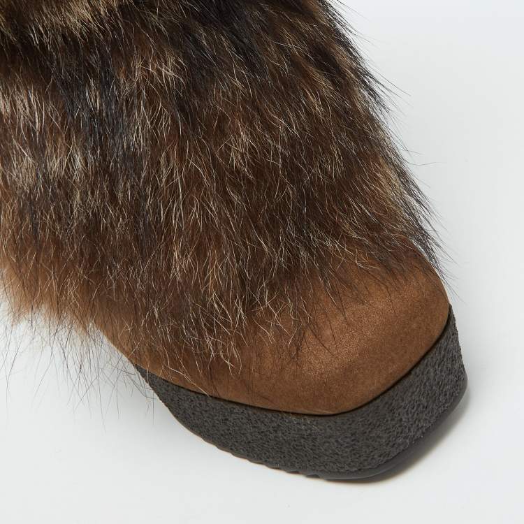 Pre Owned Fendi Brown Nubuck Leather and Raccoon Fur Platform Ankle Boots Size 36