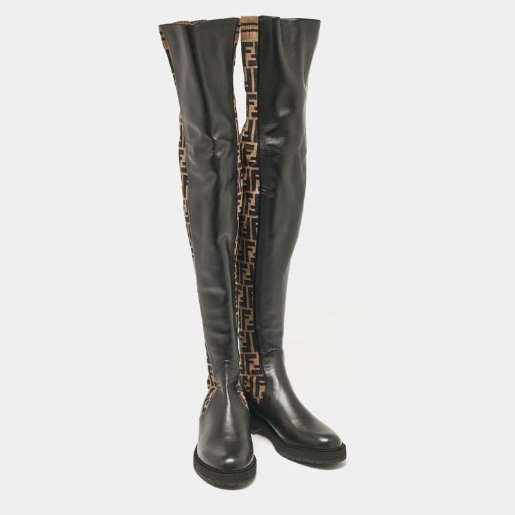 Pre Owned Fendi Brown/Black Canvas and Leather Over The Knee Boots Size 39