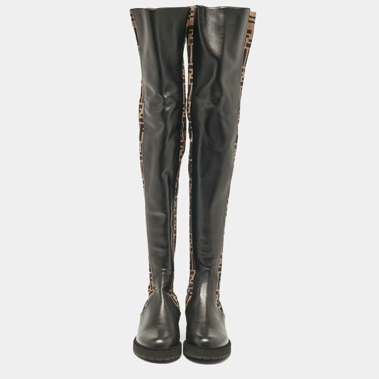 Pre Owned Fendi Brown/Black Canvas and Leather Over The Knee Boots Size 39