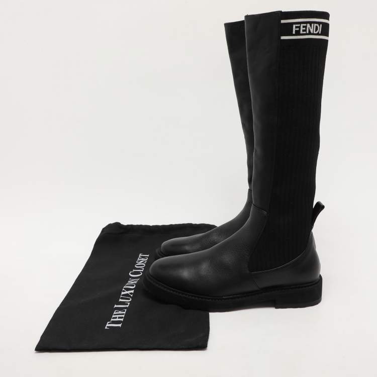 مملوكة مسبقًا Fendi Black Leather and Stretch Fabric Logo Rockoko Calf Length Boots Size 40